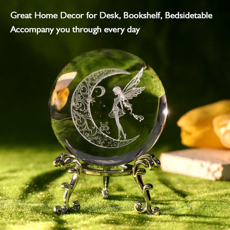 ZRENJHUS Fairy Crystal Ball 3D Moon Fairy Decorative Ball 60mm Glass Sphere Decor 3D Engraving Gifts for Girls Women Wife Wedding Gift with Stand - Image 2